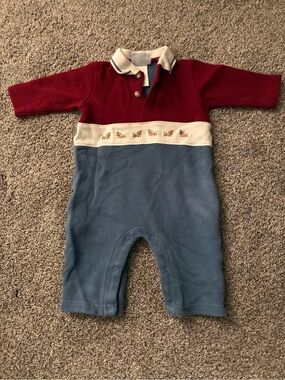 Signature Little Me Red, Cream & Blue Collared Baby Romper